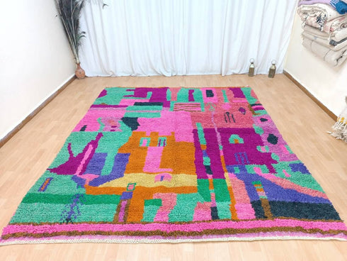 Bohemian Moroccan Rug - Handmade Berber Area Rug, Pink & Green